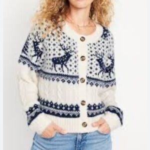 Old Navy Fair Isle Cardigan Sweater Medium Blue White Apres Ski Nordic